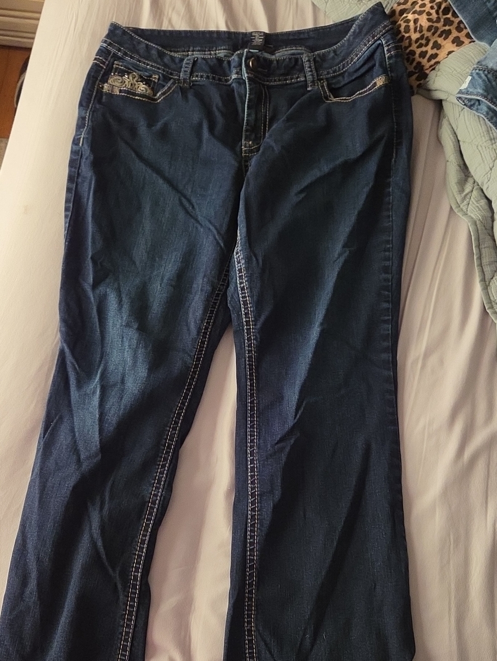 Lane Bryant Dark Blue Boot Cut Jeans With Gold Embroiderd/sequin Pockets